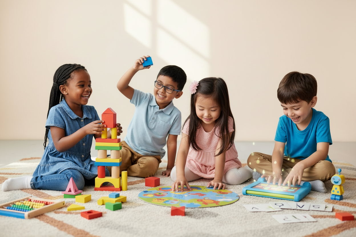 Happy children playing with educational toys on cream background